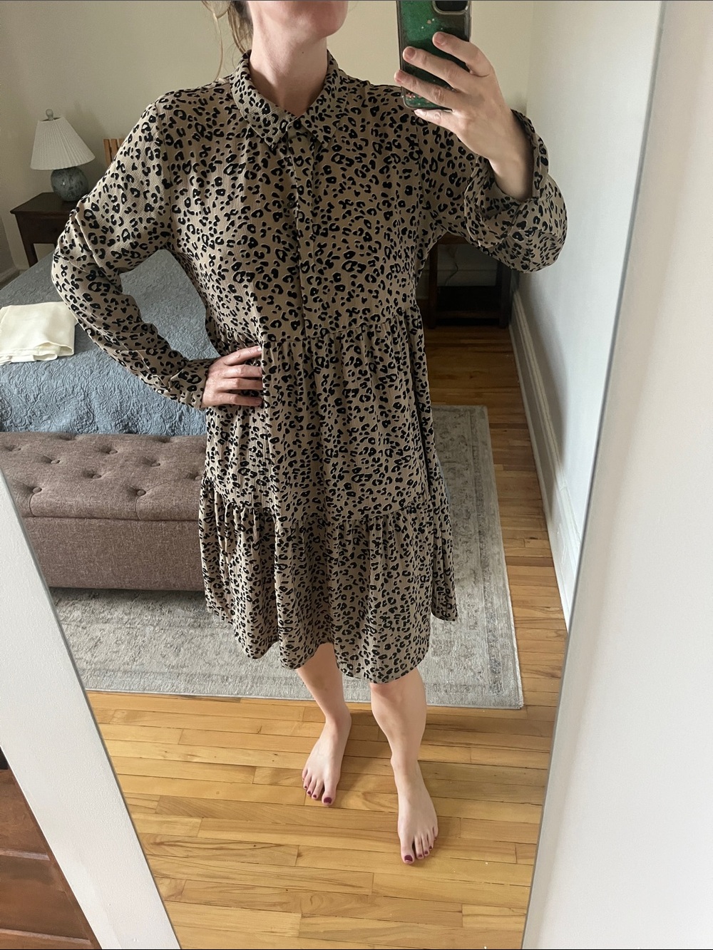 Leopard Print Tiered Shirt Dress in Taupe